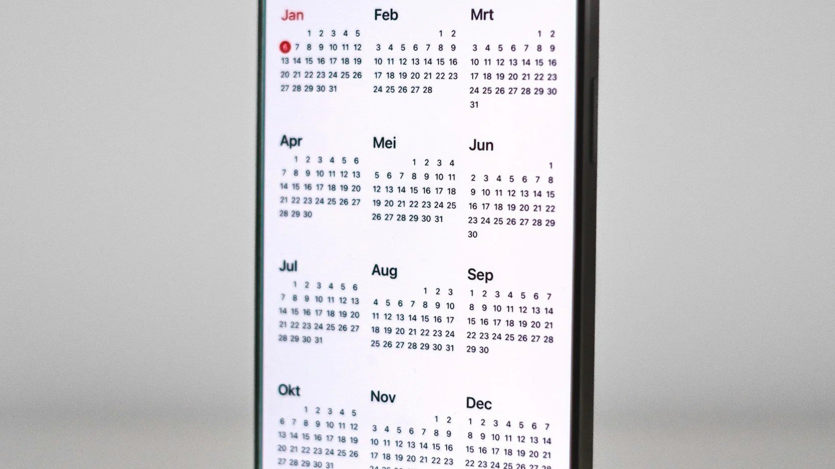 A digital calendar displaying all months of the year in a typical grid format, showing efficient project management.